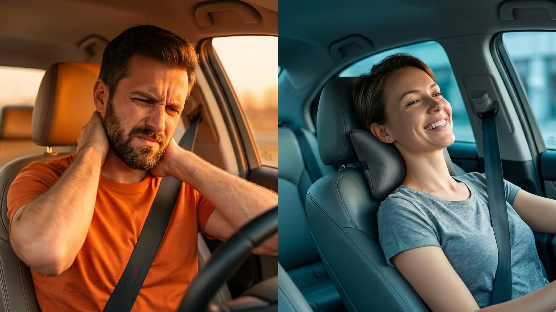 Antes y después de usar la almohada ALTIVO PRO: conductor con dolor de cuello vs. conductora relajada con el cojín